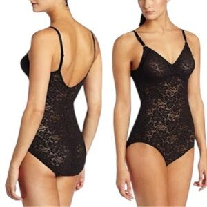 NWT! Bali Black Lace 'N Smooth Shapewear Body Shaper Bodysuit 38B NEW